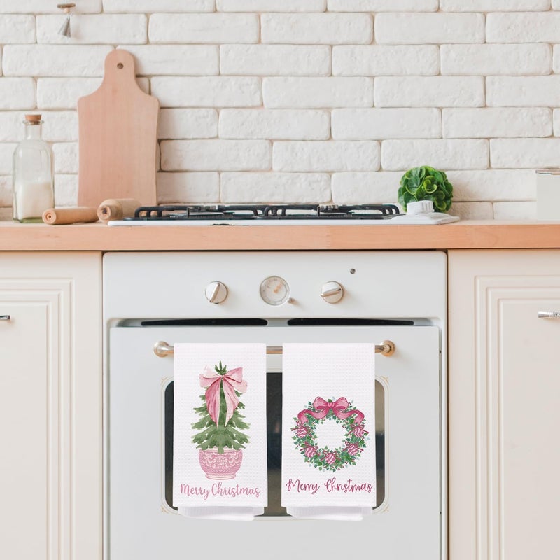SPBL&L Chinoiserie Christmas Kitchen Towels, Pink Bow Coquette Christmas Tree Dish Towels for Kitchen Bathroom, Pink Christmas Hand Towels for Bathroom Kitchen, Grandmillennial Decor,Set of 2,16x24 Inches - Image 2